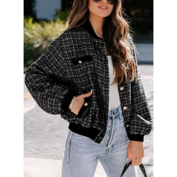 Womens Black Fashion Plaid Jacket 2024 Fall Winter Button Short Cropped Trendy